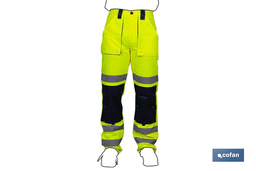 PANTALÓN DE ALTA VISIBILIDAD MODELO SIRIO AMARILLO Y AZUL MARINO TALLA M